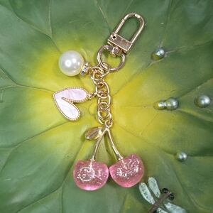 Pink Cherry Charm Keychain with Faux Pearl & Heart Charm, NEW